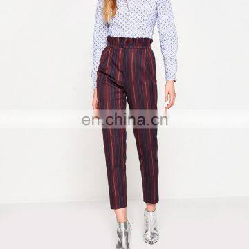 Ladies formal high waist ruffle trim striped trousers pants custom design