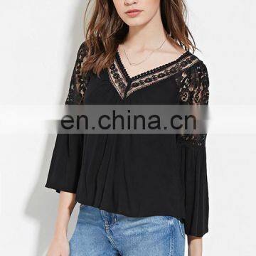 Lastest design V-NECK women blouse,long sleeve ladies blouse,women lace blouse