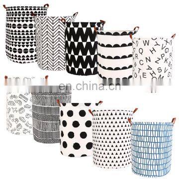 canvas printed white large storage basket round leather laundry basket foldable fabric laundry basket with handles