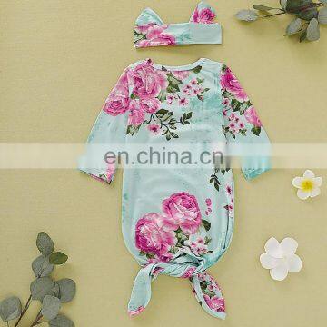 Soft Cotton Baby Sleeping Bag With Hairband Set Floral Print Baby Knotted Gown photo-2