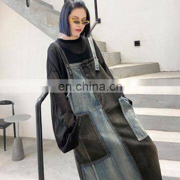 TWOTWINSTYLE Hit Color Denim Dress For Women Square Collar Spaghetti Strap Sleeveless Dresses Female photo-4