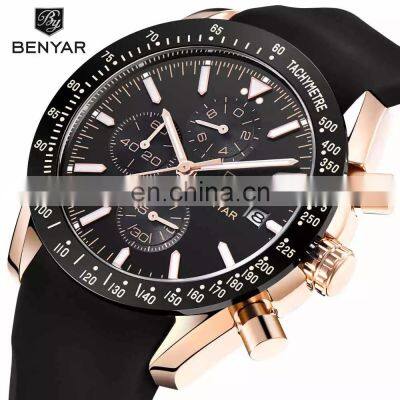 BENYAR 5140 Men Quartz Watches Silicone Band Wristwatch 3atm Water Resistant Black Silicone Watch for Men