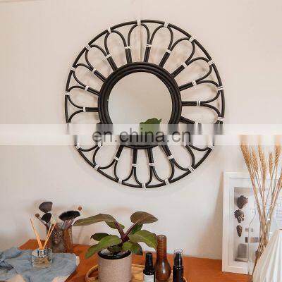 Hot Sale Black Rattan Round Flower Mirror Wall-Mounted Creative Art Decor Hallway Bathroom Living Room