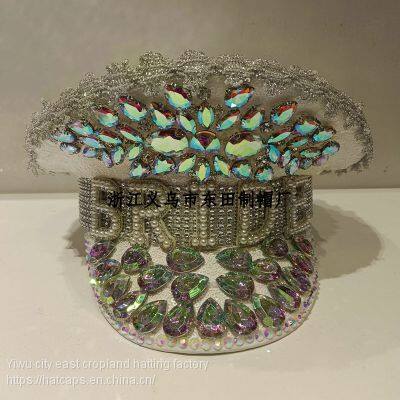 Captain Silver Sequins Shape Hat, Decorated With Diamonds and Jewelry, the Front BRIDE Pearl Text photo-3