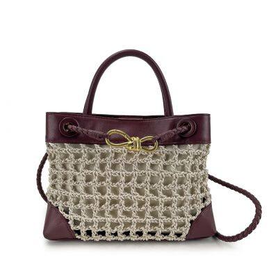Leather Woven Woven Grass Woven Contrasting Leather Metal Crossbody Tote Bag