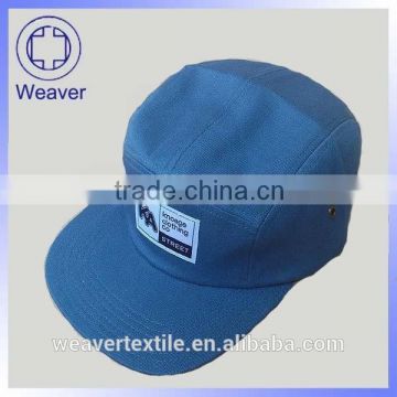 China Top Quality Cotton Flat Brim Blue Corona 5 Panel Hat With Woven Label Patch