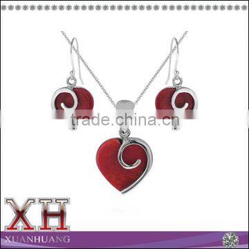 925 Sterling Silver Jewelry Set Heart In Love Thailand Red Coral Stone Set