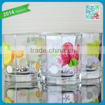 Cheap bulk tea cups bottom octagon drinking glass cup small glass tea cups juice glass mugs with different fruit decal logo