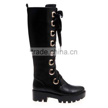 OlzB04 metalescent eyelet wide lace up thick outsole round toe boots black pu long boots for women winter collection