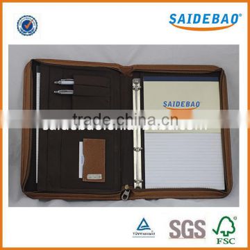 High quality leather portfolio folder with zipper,matel logo on the cover