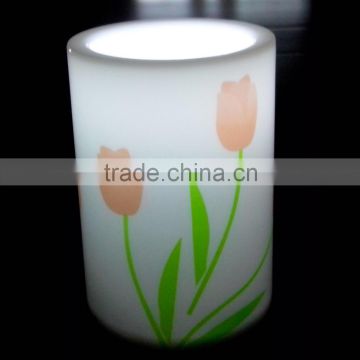 Beatiful flower printing white flicker pillar plastic led candle