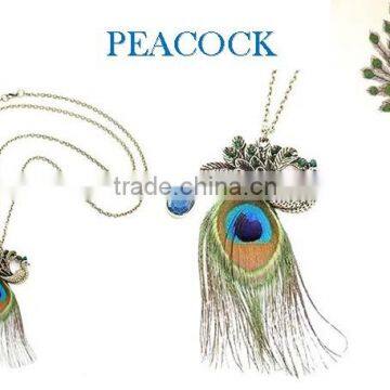 vintage finishes metal peacock with feather and acrylic stone necklace, EN71, CPSIA, REACH, RoHS compliance <DXCA7854>