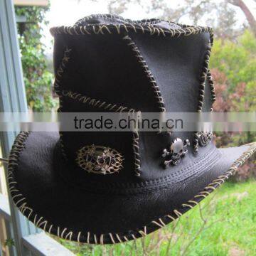 BLACK LEATHER MEN'S MAVERICK GOTHIC HAT W: CONCHO BELT AUSTRALIAN HAND MADE