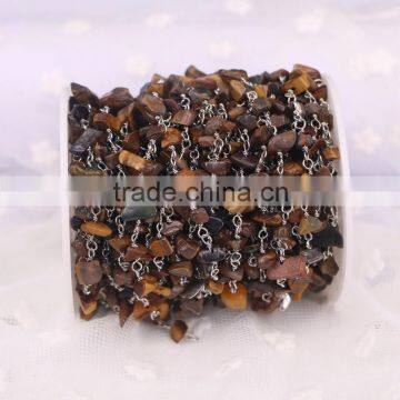 Meters Tiger Eye Stone Beads Wire Wrapped Chip Beaded Chain, Silver Plated Wire Wrapped Rosary Chain photo-3