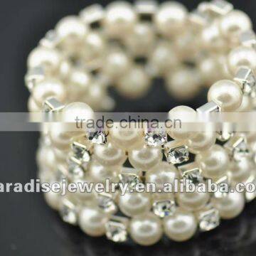 5 row pearl and rhinestone graduated wraparound coil bracelet-BRW060429