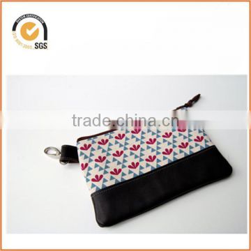 Triangles and Flower Print Print Cotton Canvas Mini Wallet / Zipper Pouch / Repurposed Leather By Chiqun Dongguan CQ-H02015