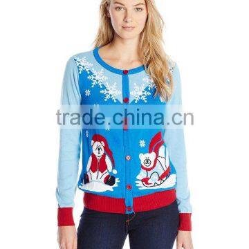 Blue Jacquard Pattern cardigan sweater Women knitted Christmas Sweater