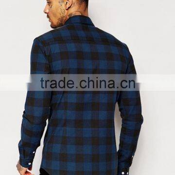 Man Skinny Shirt in Navy Buffalo Check With Long Sleeves photo-2