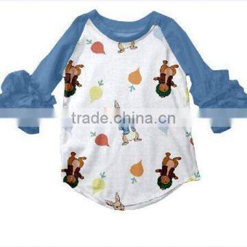 Wholesale Baby Clothes Cotton 3/4 Sleeve Ruffle Raglanbaby Icing Ruffle Top With Bunny Printed photo-4
