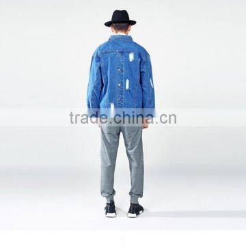 Men's Washed Distressed Broken Holes Heavy Denim Jacket With Button Back photo-6