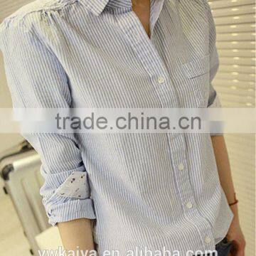 2014 new design 100%cotton slim fit long sleeve japanese simple casual stripe women blouse