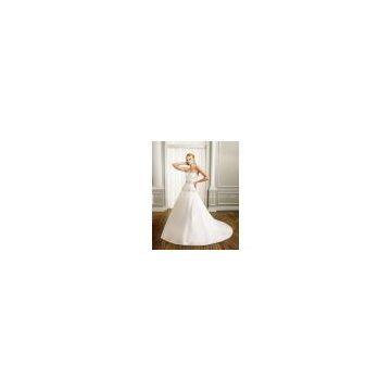 A-line Scoop Strapless Satin Cathedral Train Beading Ruffled Wedding Dress