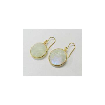 Rainbow Moonstone 18mm Round Bezel Setting Gold Plated Silver Earring