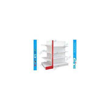 White and Red Double Sided Supermarket Display Shelves Solid Panel With End Cap