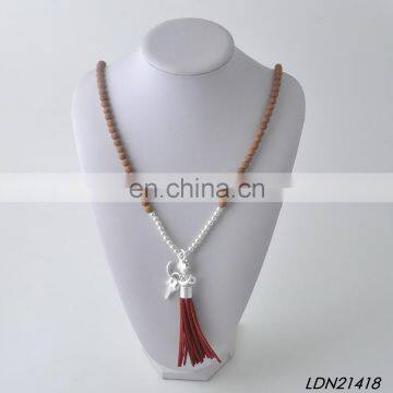 Wron Siver Wooden Beaded Suede Tassel Necklaces photo-2