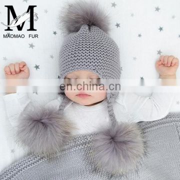 Wholesale Winter Custom Knitted Baby Caps Beanie Hats With Three Balls Warm Baby Knit Hat