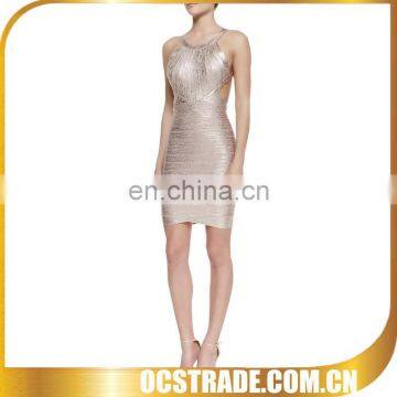 2014 high quality flour gold below the knee dresses for evening