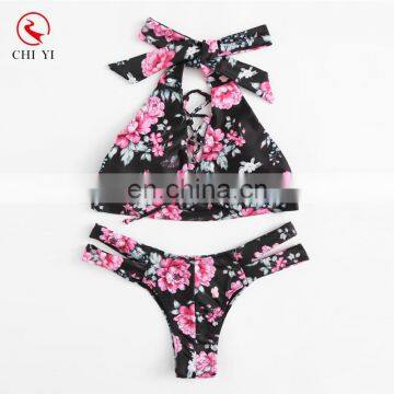 Custom Made Flower Print Lace Up Bikini Set