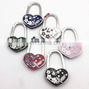 Wholesale Heart shape foldable purse hanger/ bag hook with flower design