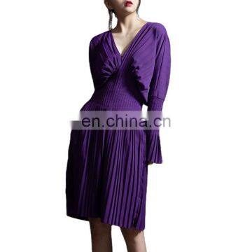 TWOTWINSTYLE Elegant Pleated Summer Dress Women V Neck Flare Long Sleeve High Waist Midi photo-4