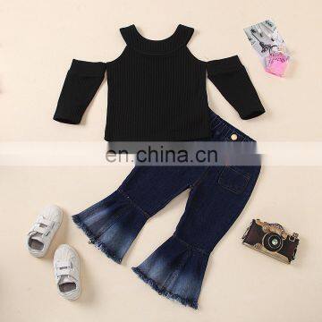 Kids Ribbed O Neck Off-Shoulder Tops Shirts & Denim Jean Flared Pants Casual Outfit Spring Fall Winter Clothes photo-3