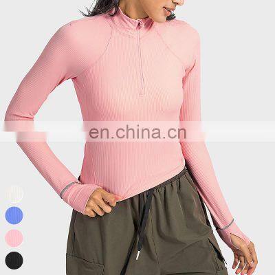 Women Breathable Clothing Running Wear Custom Sports Shirts Gym Fitness Top Long Sleeve Ribbed Half Zip Yoga Shirt For Women photo-4