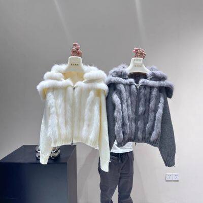 New Fashionable Navy Collar Fox Fur Large Collar Splicing Fur Knitted Sweater Jacket Short for Women