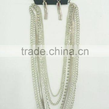 FASHION MULTI ROW CHAIN RHINESTONE NECKLACE EARRING SET