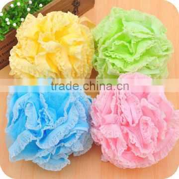 J188 2015 colorful bath sponge with lace in satin ribbon printed bath sponge