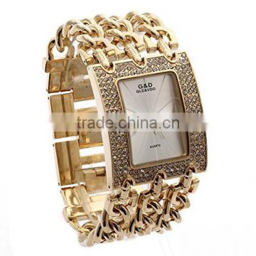 Women's Gold-Tone Triple Chain Stainless Steel Band Rhinestone Luury Analog Wrist Watches