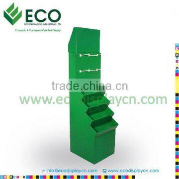 POP POS Retail Cardboard Floor Display Shelf With Hooks, Cardboard Hook Display