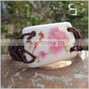 Pink Flower printed Square Ceramic Porcelain braided bracelet, adjustable wrist size bracelet