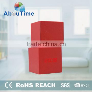 Customized cheap red cube real woode led funny alarm clock