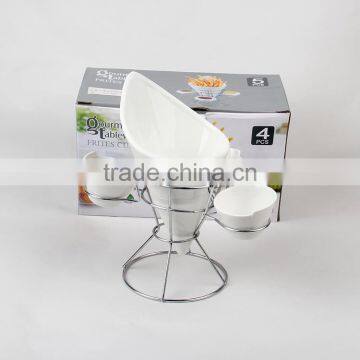 wholesale hot sell white ceramic french fries holder stand french fries cup with three white porcelain sauce cup