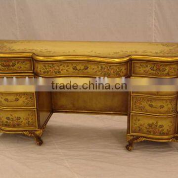 Antique Hand Carved Bedroom furniture, Luxury Gold Painted Wooden Dresser, Classical Drawing Art Dressing Table
