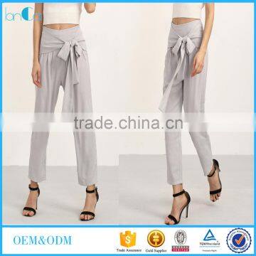 Grey elegant bow decorated pants casual loose wide leg pants latest fashion women pants