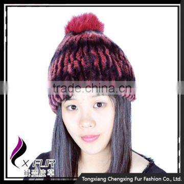 CX-C-58E Girls Fashion Wholesale Rex Rabbit Knitted Fur Hats Caps With Fur Ball