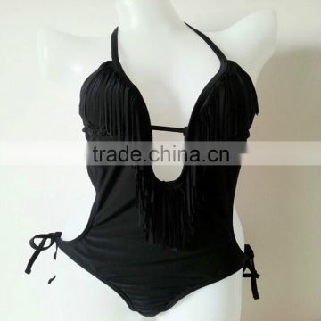 Lady solid black tassels swimwear one piece