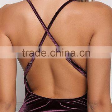 MGOO Fashion Manufacturer Purple Plunge Strap Bodysuits Velvet Blouses Cross V Neck Sexy Bloues Tops photo-4