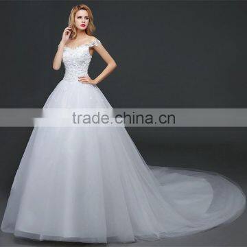 MGOO Stock Off Shoulder Flower Emboridery Beaded Back Straps Crossover Wedding Dress Bride Princess Dress photo-5